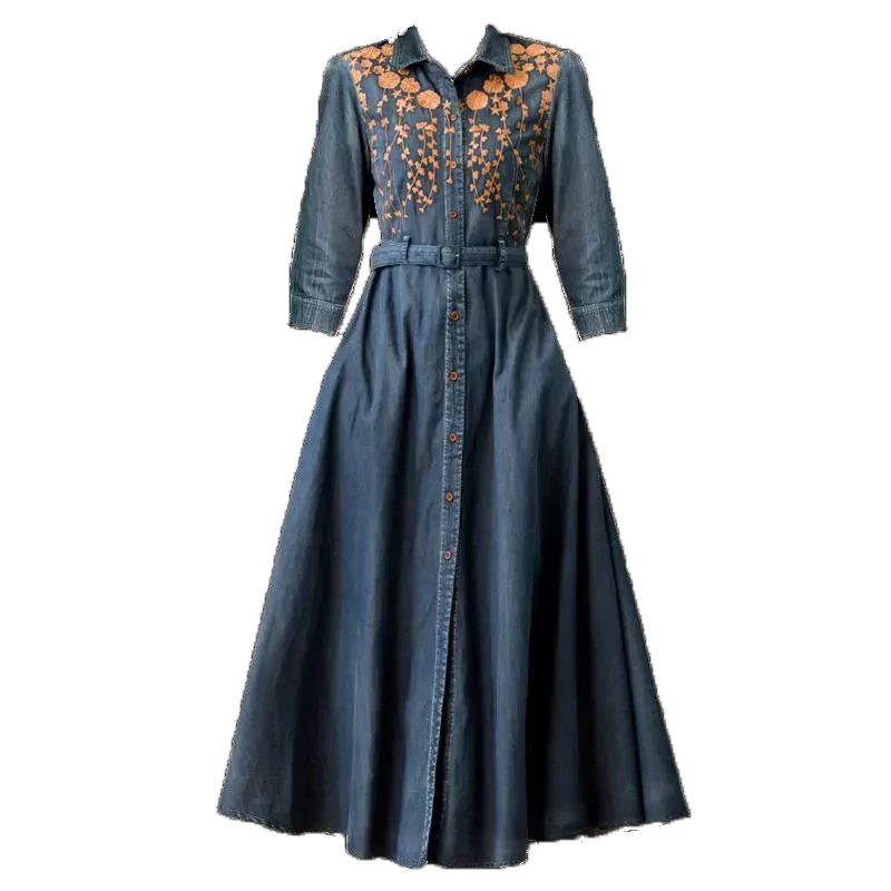 

Vintage Embroidery Shirt Collar Slim Waist Denim Dresses Female Elegant Half Sleeve Party Denim Dresses Spring Women's Clothing