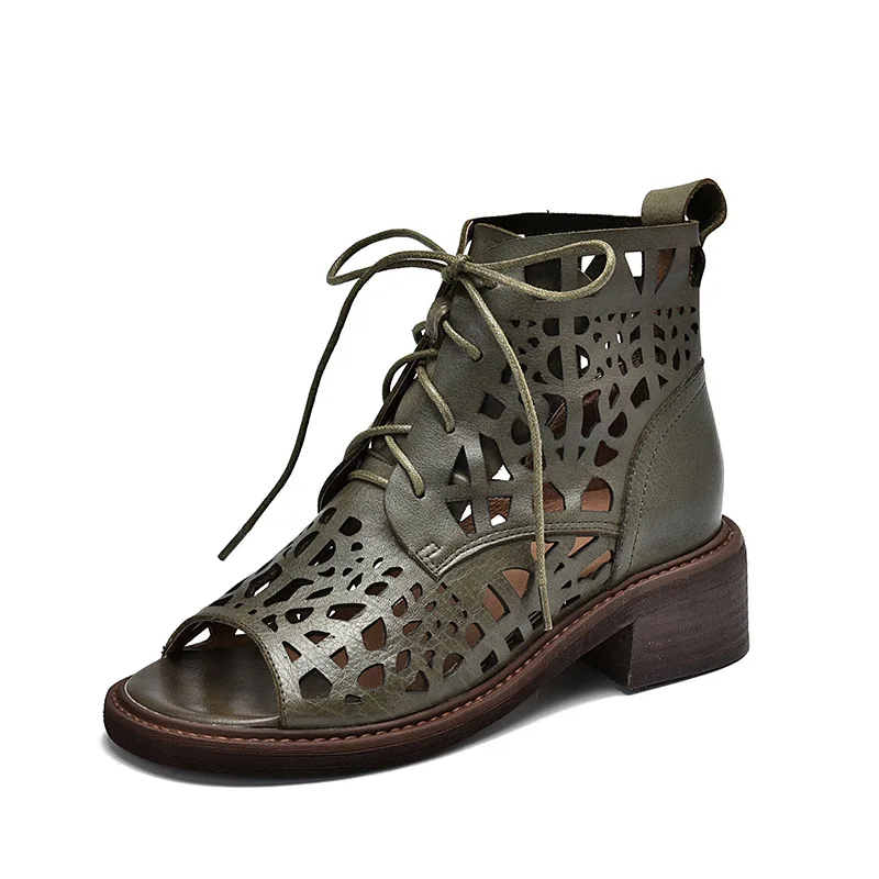 

21 spring and summer new thick-soled hollow lace-up sandals leather British open-toe hole shoes mid-cut women's sandals cowhide
