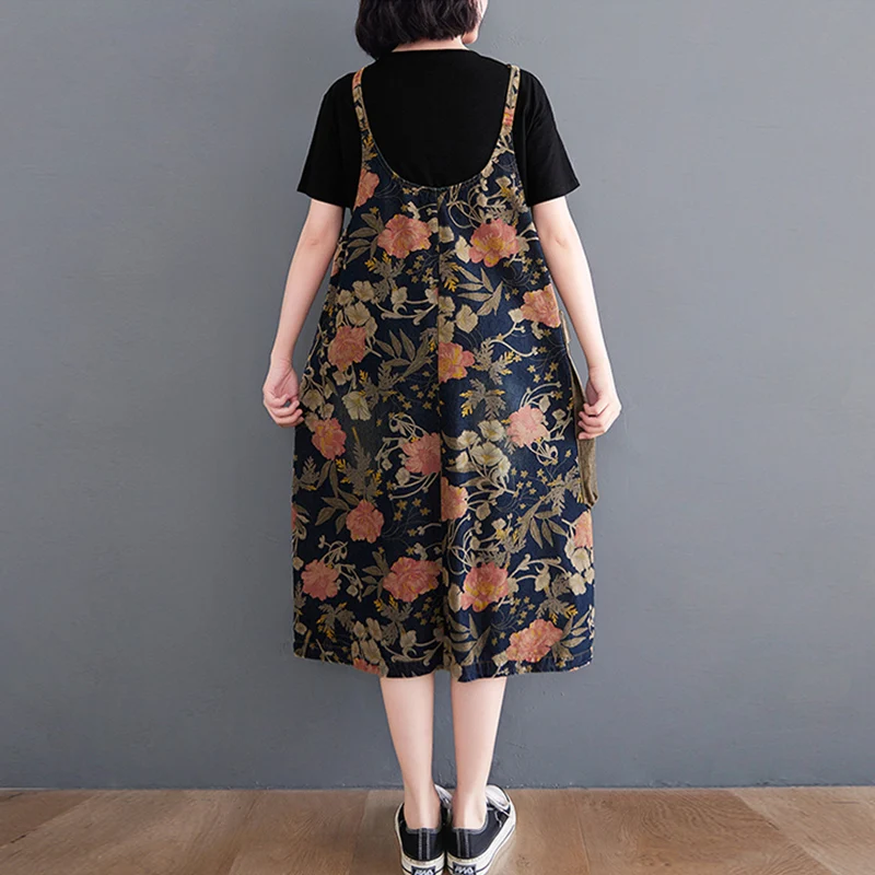 

Summer New Fashion Women's Denim Sleeveless Casual Dress M-2XL Loose Plus Size Soft and Comfortable Pinted Dress