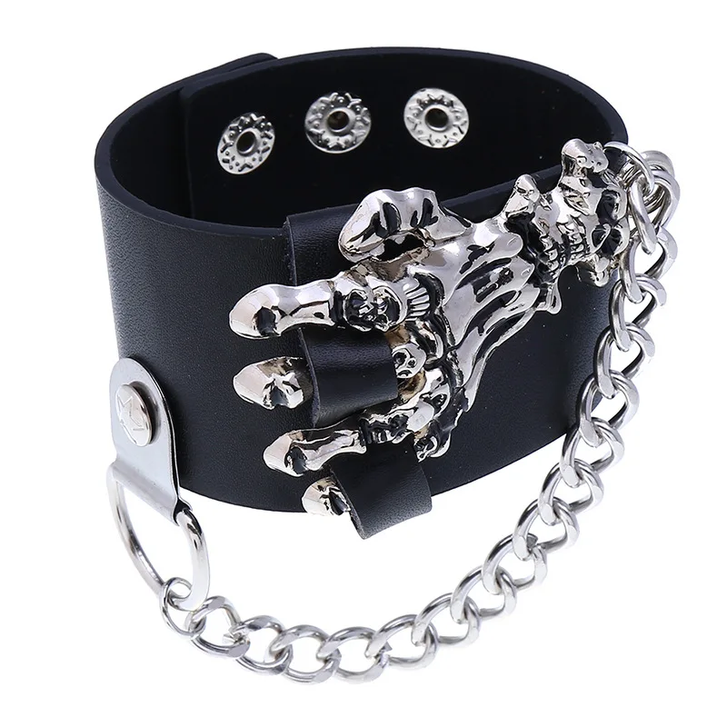 

Unisex Cool Punk Rock Gothic Skeleton Skull Hand Glove Chain Link Wristband Width Bangle Leather Bracelet