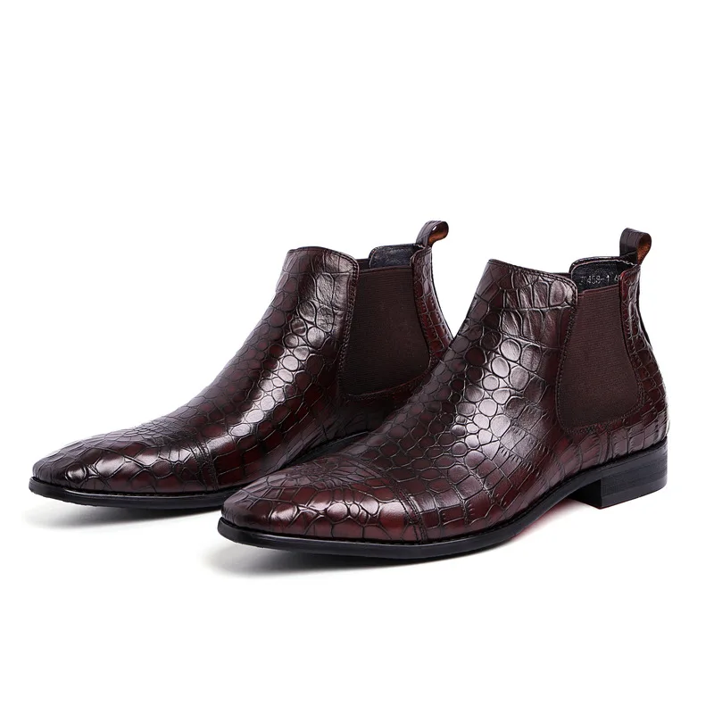 

Mens Cowboy Boots Imported Dark Brown Leather Chelsea Boots Motorcycle Suit Dress Shoes Stretch Ankle Boot Red Bottom