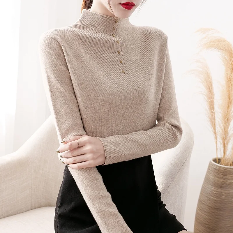 

2021 Fashion Wool Womens Sweater Thickened Solid Half High Collar Knitted Tops for Women Long Sleeve Button Basic Woman Sweaters