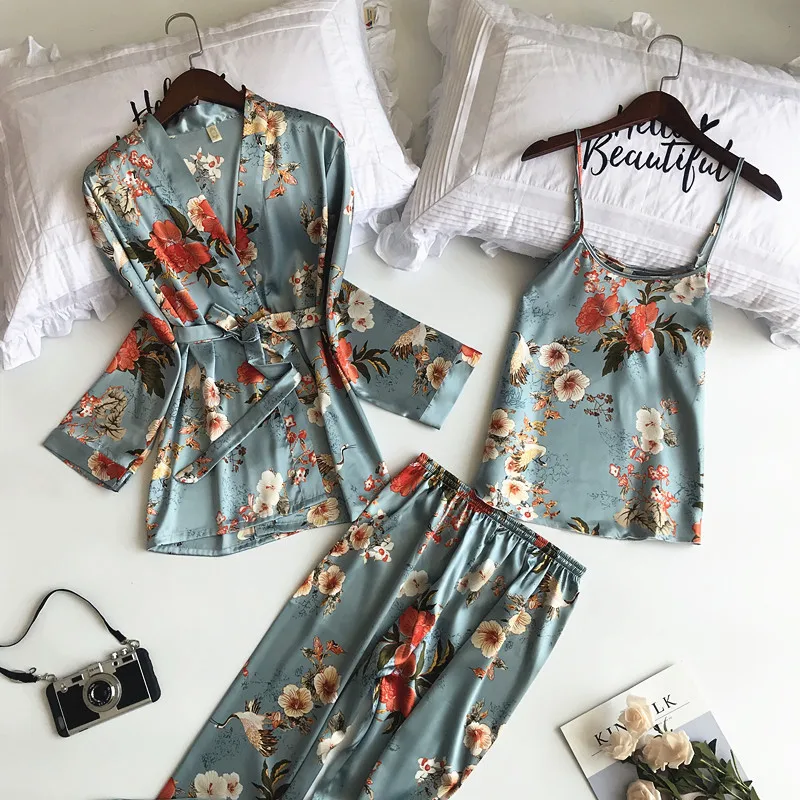 

2021 Lisacmvpnel 3 Pcs Printing Women Robe Sets Spaghetti Strap+Cardigan+Pant Set Sexy Fashion Female High Quality Pajamas