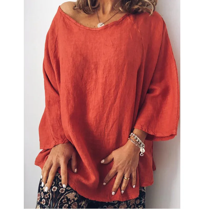 

Women's Cotton and Linen Solid Color Loose Top T-shirt O-Neck Long Sleeve Gray Red Yellow White Blue Orange Shirts