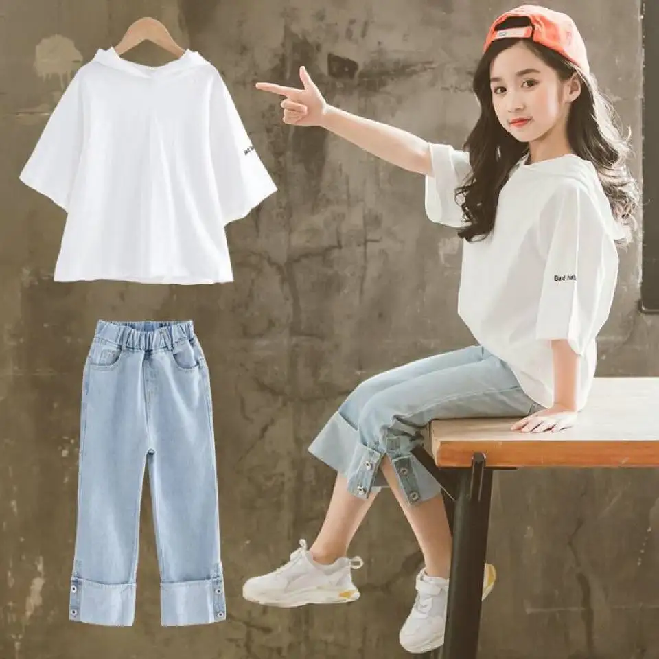 

Girls Clothes 2020 Children Suits New Casual White T-shirt +Denim Pants 2 Pieces Outfits 3 4 6 8 10 12 Year Girl Wear Summer Set