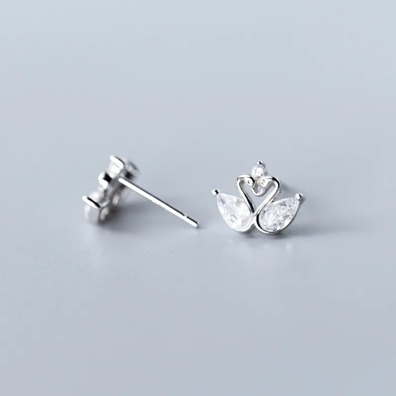 Style Chic Elegant Love Swan Ear Studs 925 Sterling Silver Clear CZ Stud Earrings Engagement Statement Jewelry | Украшения и