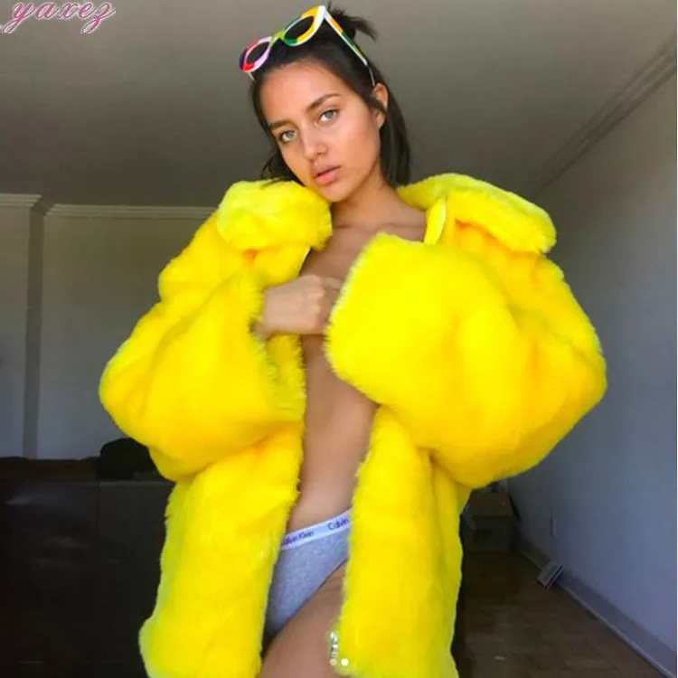 

Women's Winter Mid-length Faux Rabbit Mink Fur Coat Furry Slimming Winter Jacket Female Turn-down Collar Plush Jackets Coats