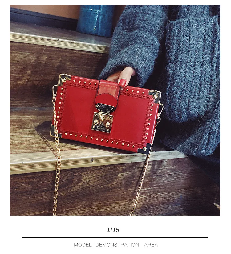 Fashion Vintage Rivet Designer Bag Box Style Buckle PU Women Clutch Bag Chain Purse Shoulder Bag Crossbody Small Flap Handbag