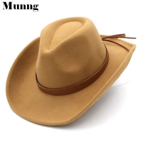 munng unisex wool blend upturn wide brim western cowboy hat cowgirl cap punk chapeau party street cap w brown leather belt
