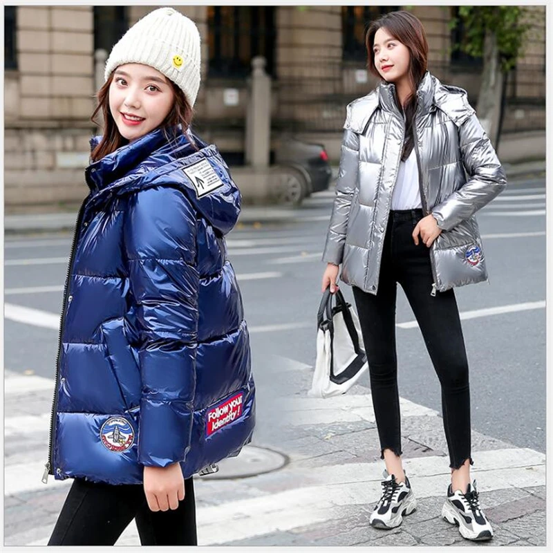 

2020 New Winter Women Parkas Hooded Warm Thick Glossy Coat Jacket Female Cotton-Padded Short Parka Gilrs jaqueta feminina G695