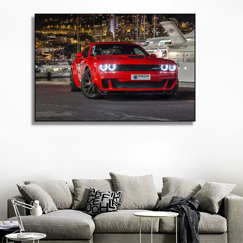 

Sportscar Posters Dodge Challenger Hellcat Red Car Muscle Cars Picture Canvas Prints Wall Art for Living Room Decor