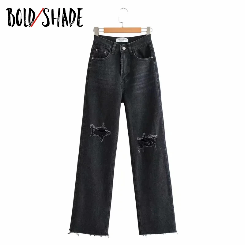 

Bold Shade Streetwear Vintage 90s Style Solid Cut Out Ripped Denim Fashion Pants High Waist Grunge Boy Friend Straight Jeans New