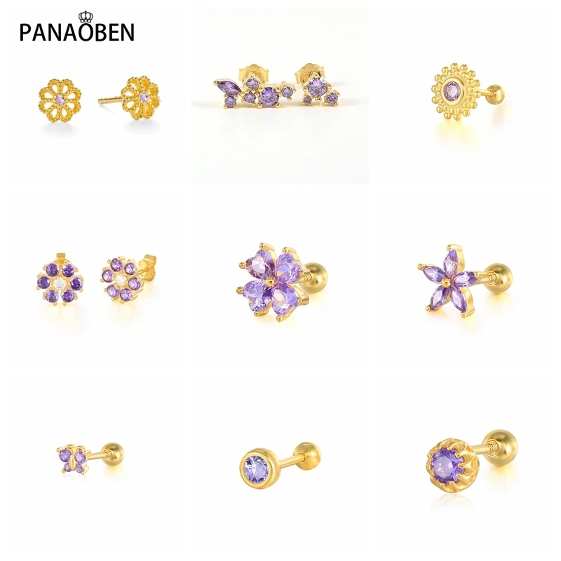 

PANAOBEN 1pcs Purple Flower 925 Sterling Silver Earrings for Women Stud 925 Earings Ear Piercing Pendientes Girl Gift 2021 Trend