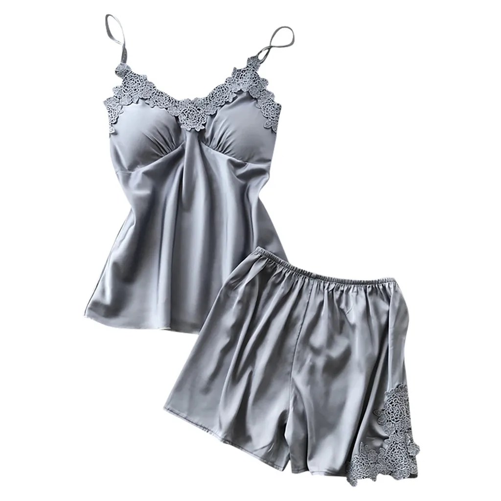 

Summer Womens Sexy Sleepwear Suit Satin Sling Nightwear Solid Color Lace Night Lingerie Panties Underwear Home Clothes Set