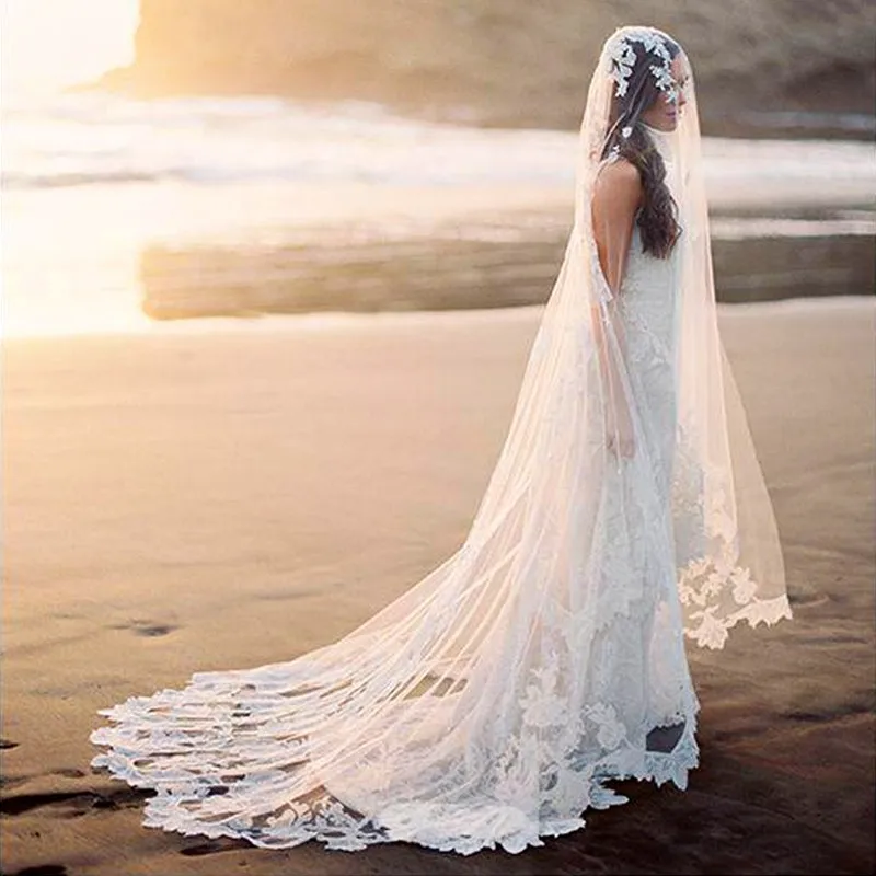 Long Wedding Veil with Lace Appliques 3 Meters Bridal WITHOUT Comb Cover Face Welon veu de noiva | Свадьбы и торжества
