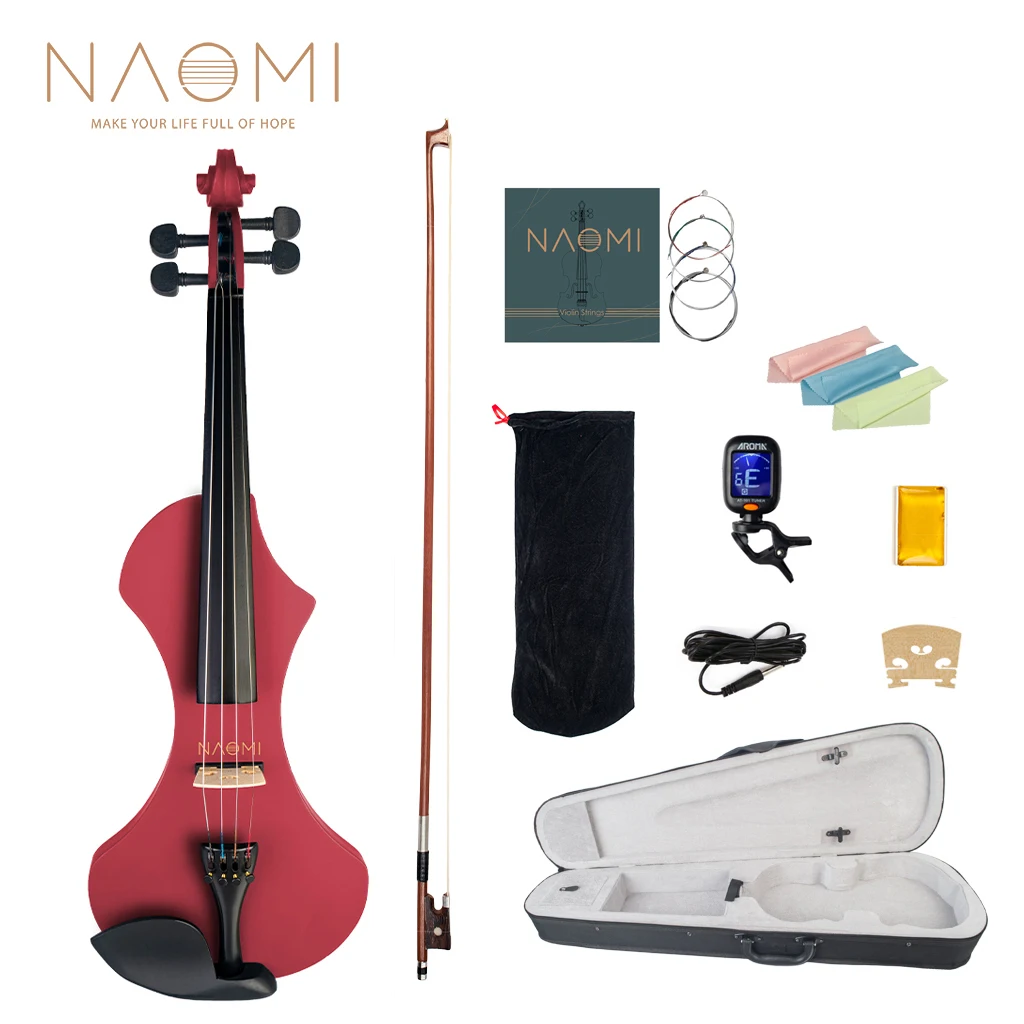 NAOMI Electric Violin 4/4 Full Size Solid Wood Silent Violin Set w/ Carrying Case+Audio Cable+Extra Strings+Tuner+Bridge+Rosin