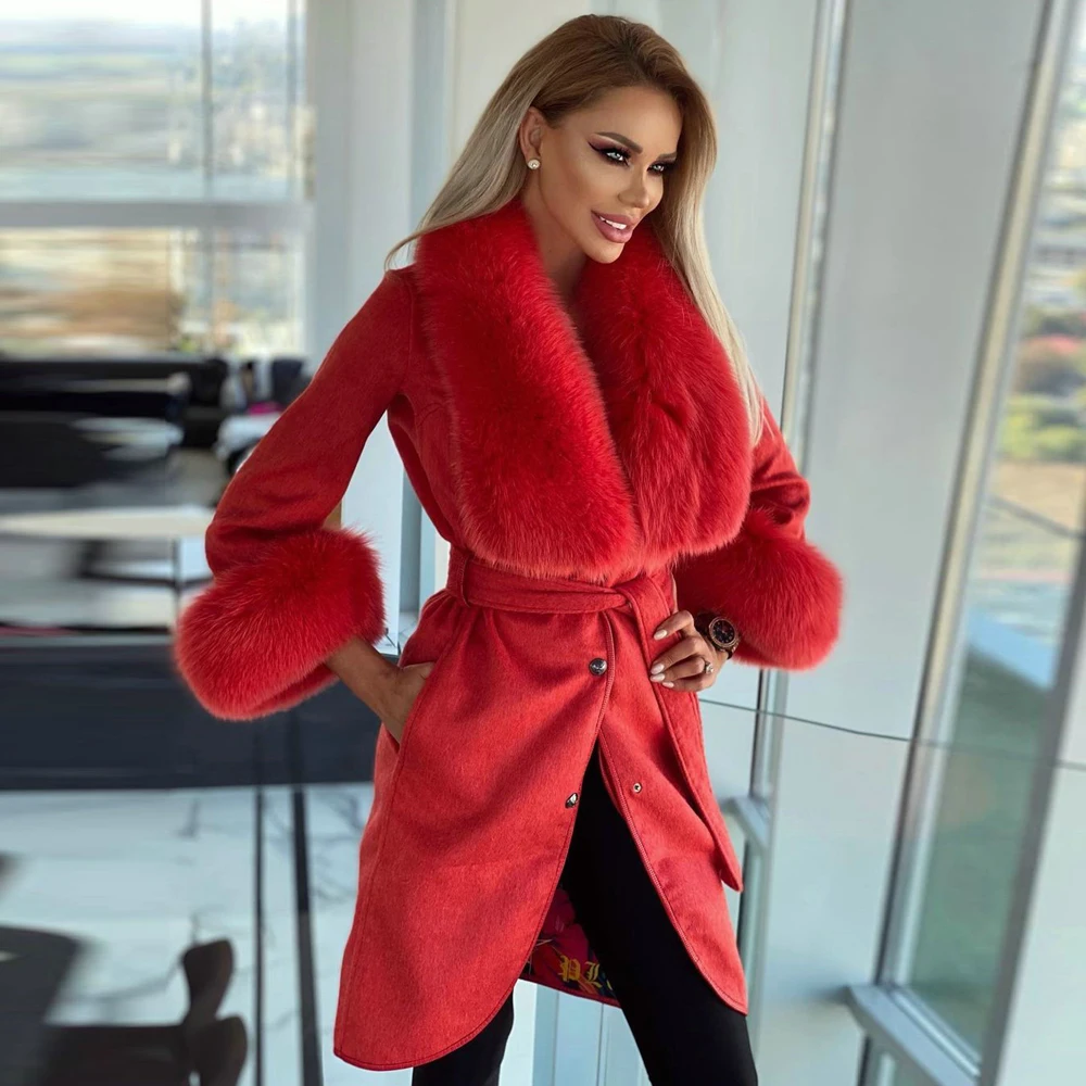 Enlarge Luxury Women Wool Blends Coat with Fox Fur Collar 2022 New Winter Fashion Genuine Fox Fur Cashmere Coats Female Warm Overcoats