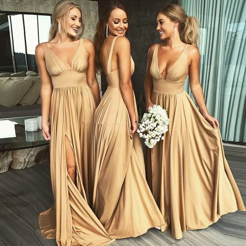 

Sexy V Neck Bridesmaid Dresses Long Side Split A Line Wedding Guest Dress Long Party Maid of Honor Dress