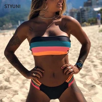 2021 new european and american ladies swimwear popular sexy split bikini suede stitching sriped swimsuit backless rainbow color