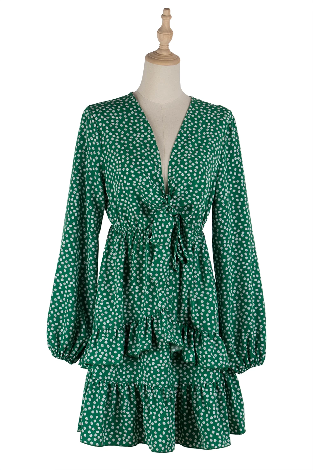 

Spring Dot Print Mini Dress Long Sleeve Sexy V-Neck Holiday Boho Elegant Green Ruffled High Waist Chiffon Dresses For Women 2021