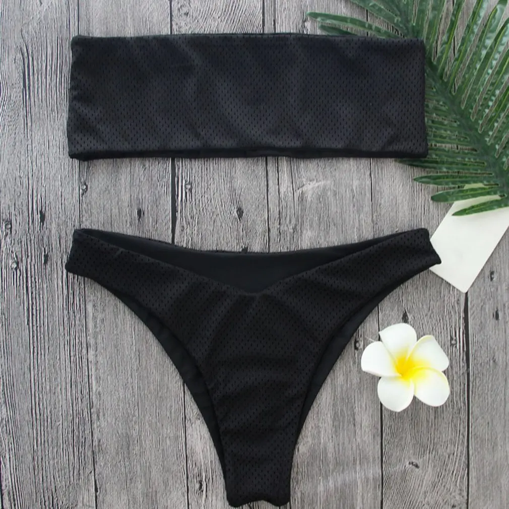 Sexy Swimsuit Bandeau Push Up Bikini Set Solid Color Swimwear Strapless Bra Beach Bathing Suits For Women Lady | Женская одежда