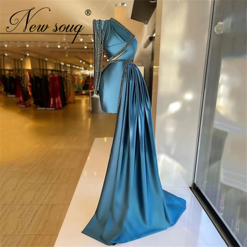 

Elegant Blue One Shoulder Evening Dresses With Beaded Crystal 2022 Robes Pageant Party Dress Arabic Dubai Prom Gowns Plus Size
