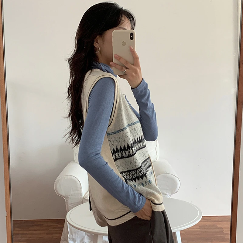 

Vintage Argyle Sweater Vest Women Autumn Sleeveless Loose Knitted women knitted vest Sweaters waistcoat gilet femme