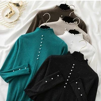 pull femme autumn winter half high collar women sweater solid beaded long sleeve top knitted elasticity pullover sweater mujer