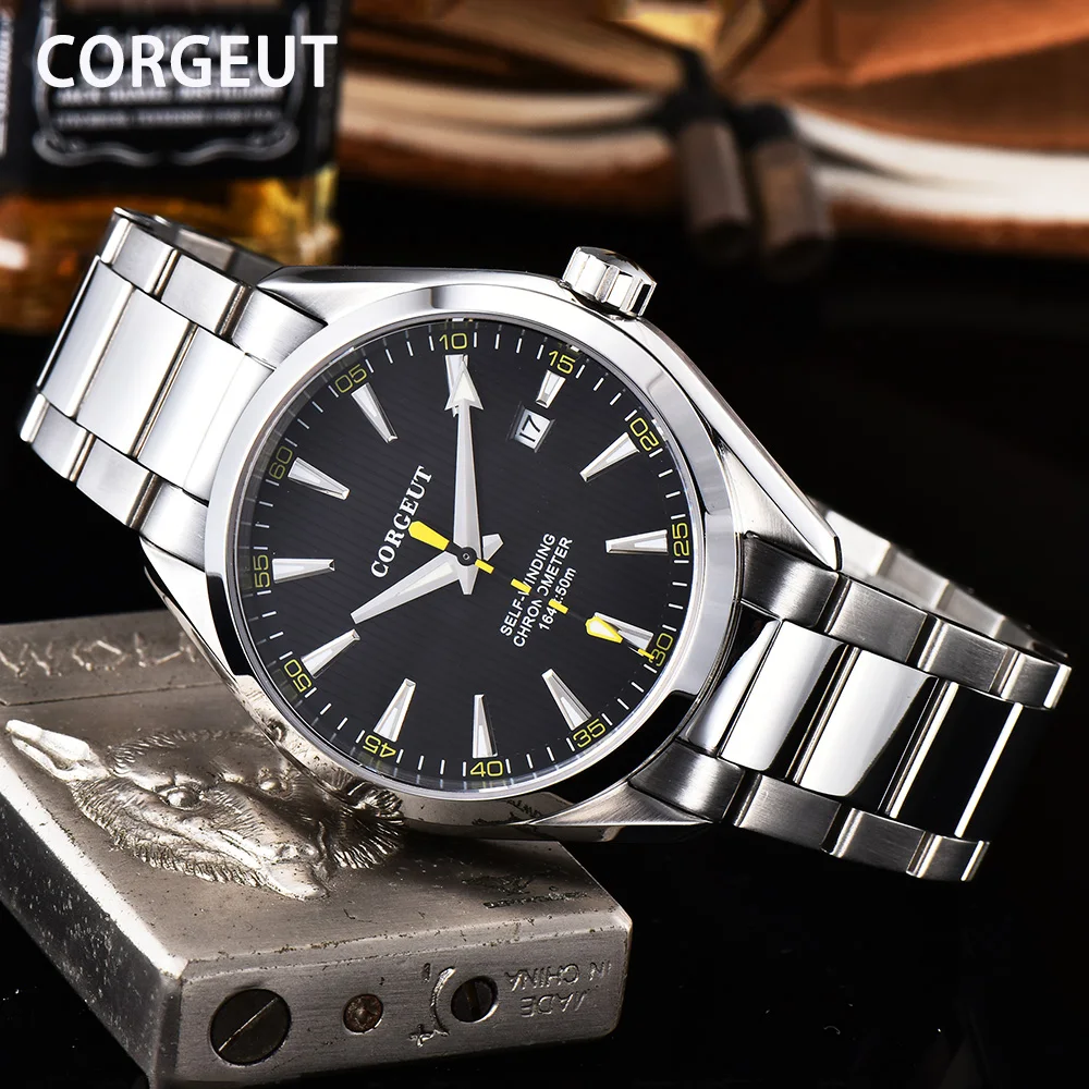 

CORGEUT Brand Top Luxury Watch Men Fashion Sport Casual Waterproof Steel Belt Mechanical Date Mens Watches Relogio Masculino