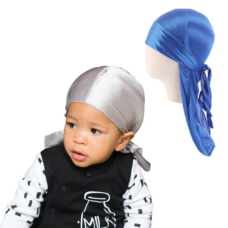 Silky Durag For Kids Boys Long Tailed Pirate Hat Hip-Hop Bandanas Doo Rag Turban Children's Waves Cap Headwear Hair Accessories