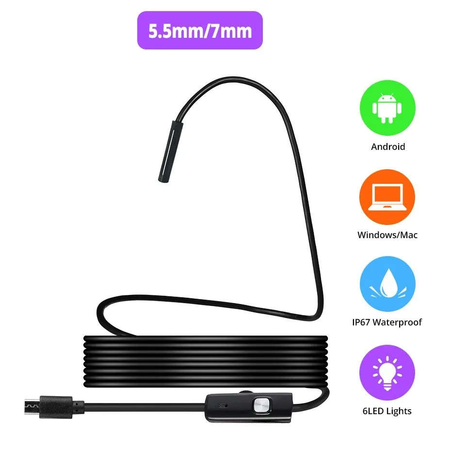 

7mm 5.5mm Inspection Snake Camera Waterproof Semi-Rigid Endoscope Camera IP67 Waterproof Micro USB Industrial Endoscope Camera