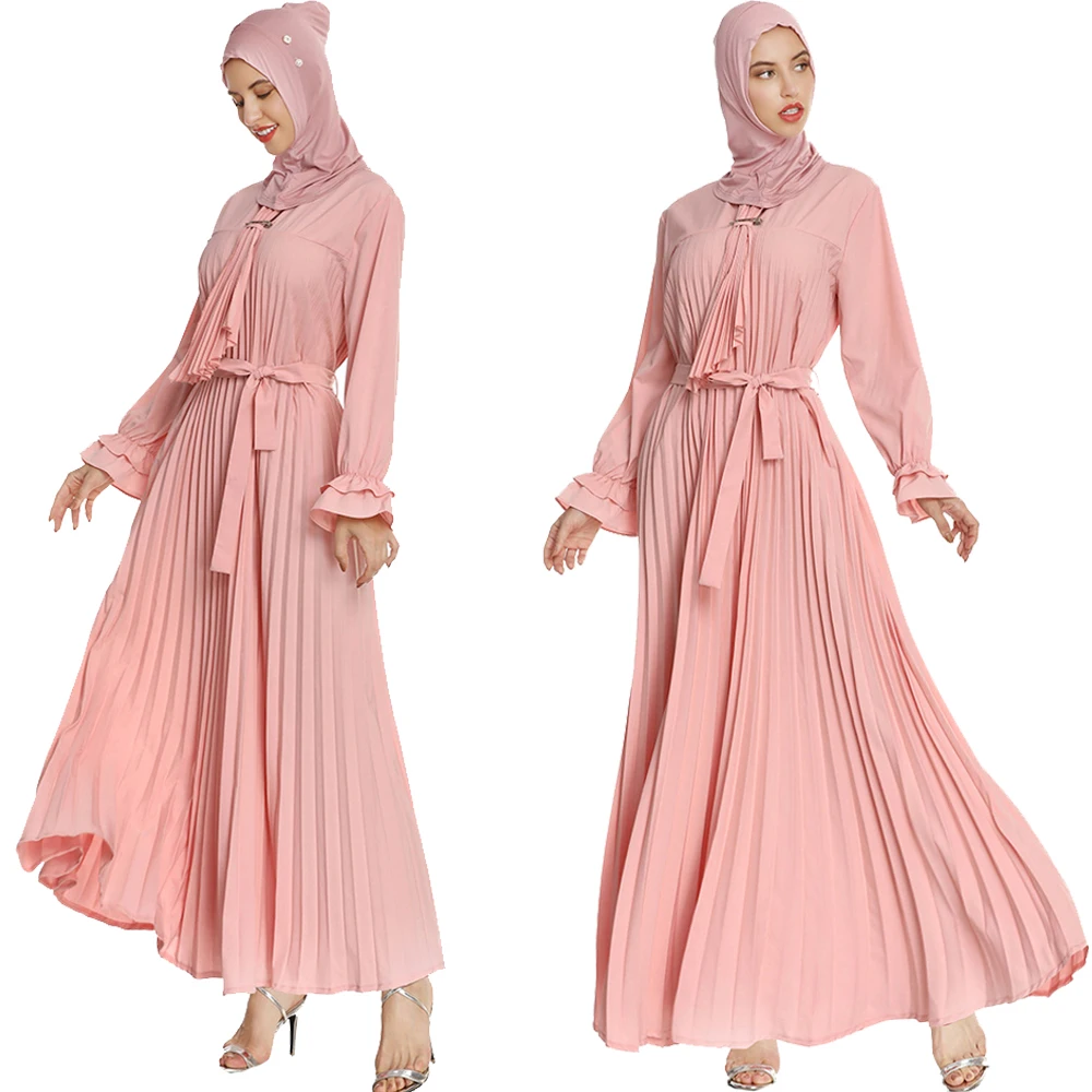 

Muslim Women Pleated Long Dress Elegant Sweet Arab Abaya Long Sleeve Abaya Lace Up Party Evening Full Length Belt Robe