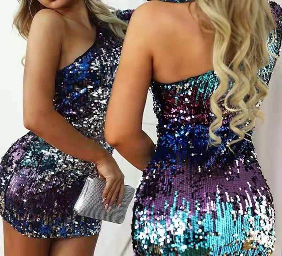 

Ailigou 2021 New Women's Bandage Fashion Sexy Tight Shoulder Long Sleeve Mini Sequin Dress Color Sequin Celebrity Party Dress