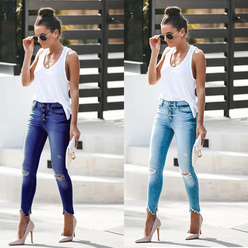 

Women Denim Skinny Trousers High Waist Jeans Destroyed Knee Holes Pencil Pants Trousers Stretch Ripped Boyfriend Female