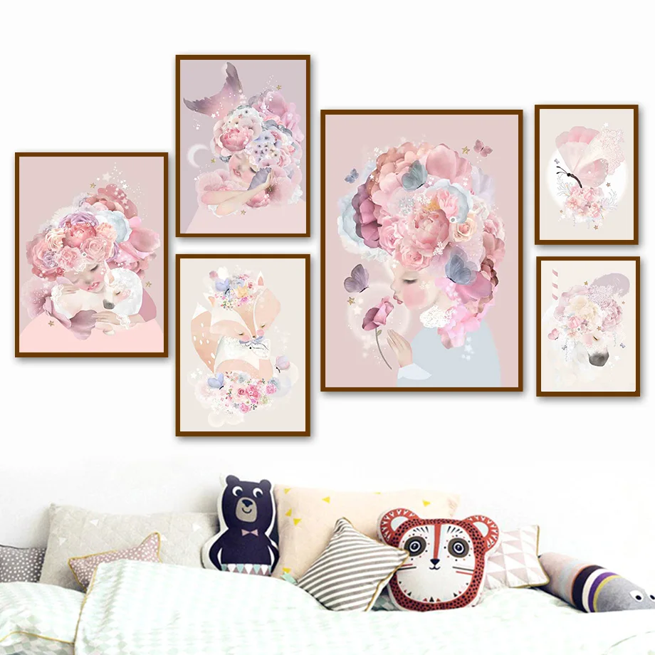 Настенная картина розовая Луна лиса лошадь Лебедь бабочка девушка цветок