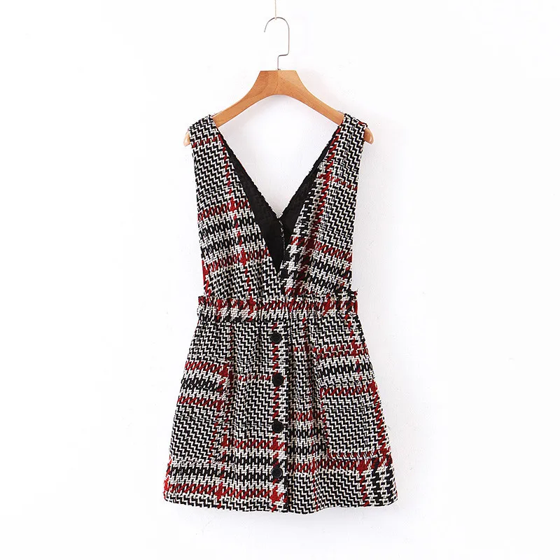 Женское элегантное твидовое мини платье в клетку с карманами и эластичной
