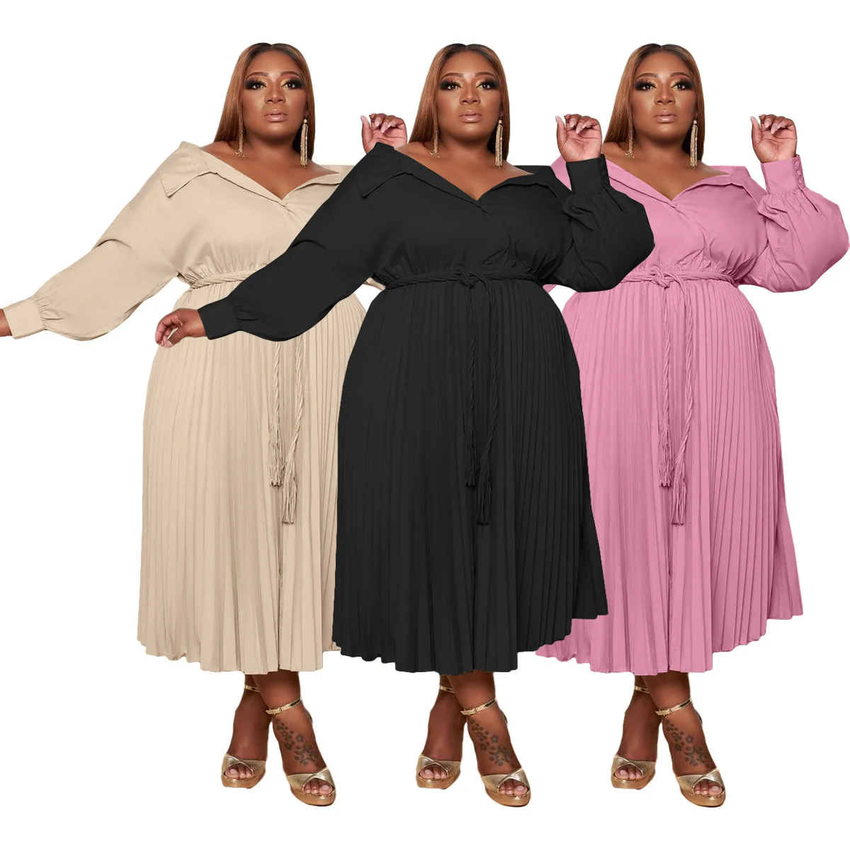 

Elegant Women Plus Size Pleated Dress Fall 2021 Solid Color Sexy V-neck High Waist Sashes Lace-up Ankle-length Graceful Dresses