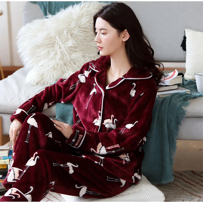

Winter Flannel Turn Down Collar Long Sleeve Women Pajama Sets Pockets Warm Soft Female Homewear Autumn Casual Loose Lounge Set
