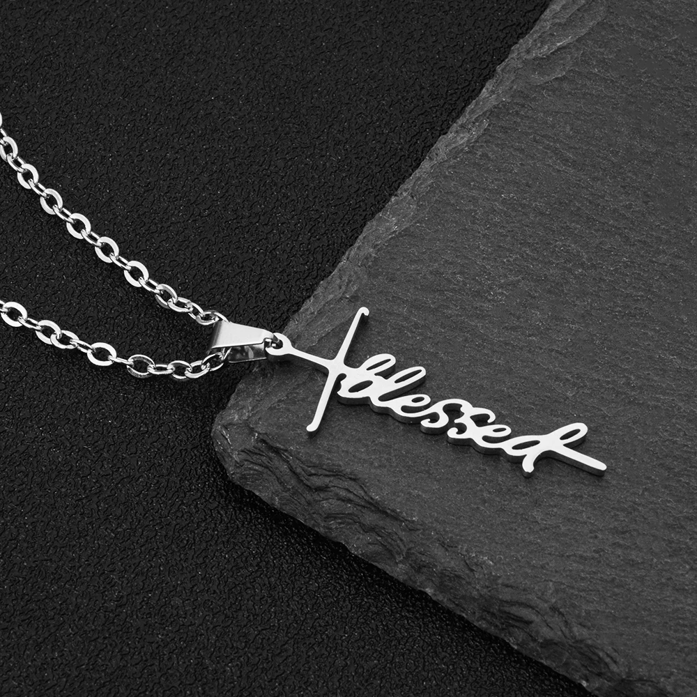 Цепочка Из Нержавеющей Стали ожерелье серебряного цвета кулон BLESSED Cross для женщин