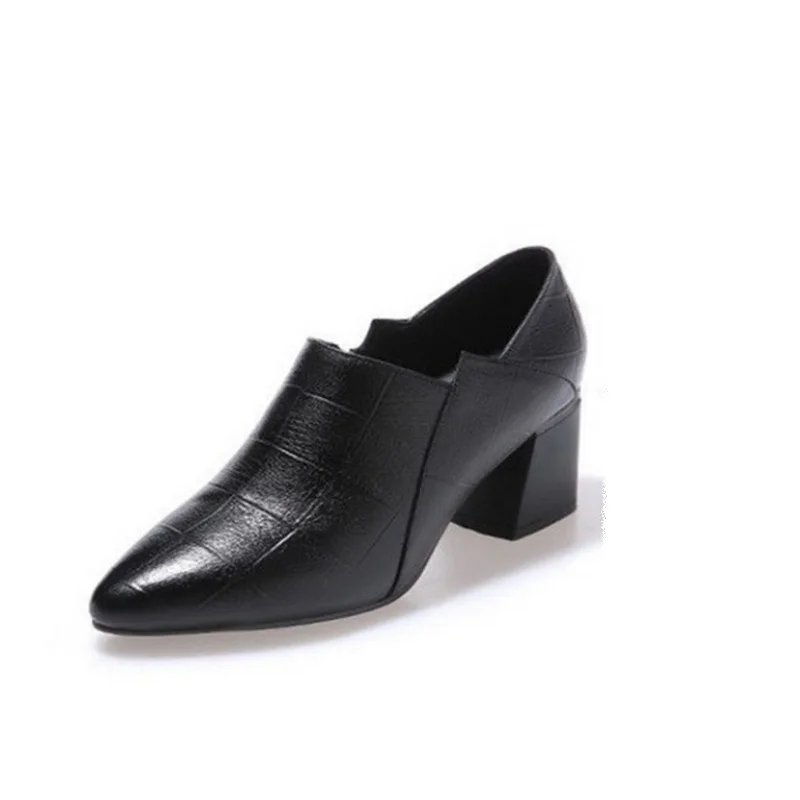 

Pointed toe Mid Heels Women 2021 Autumn Single Shoes Woman Soft PU leather Shoe Square Heel Female Side Zip Black