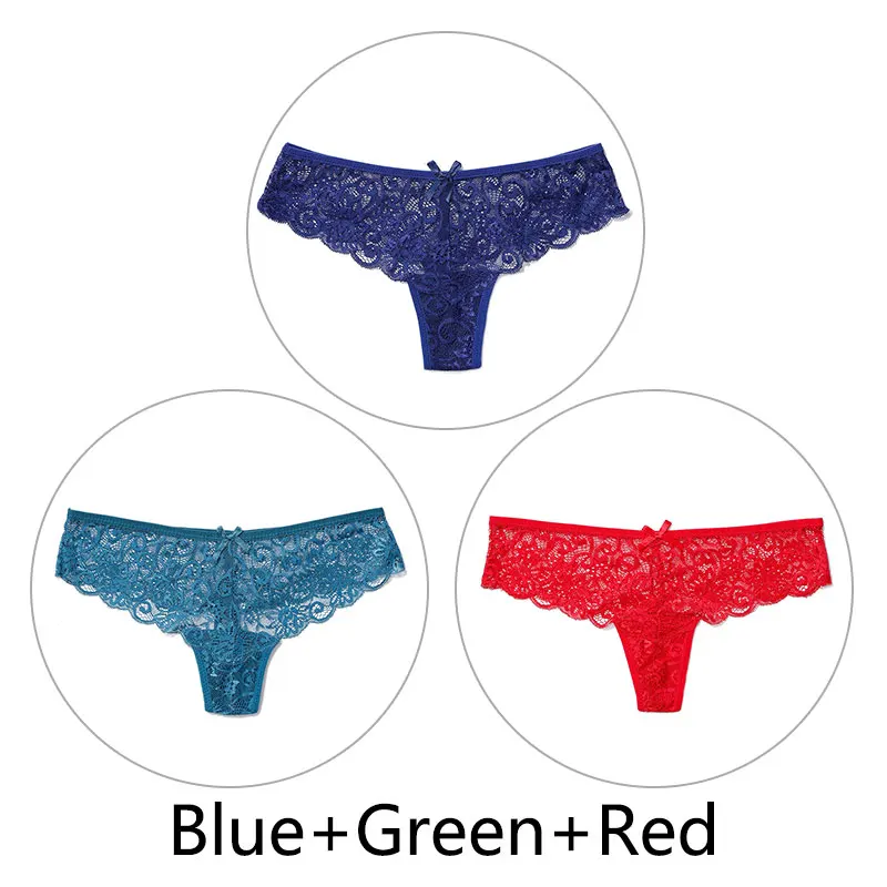 Blue Green Red 3 шт., сексуальные кружевные трусики женские стринги и стринги, открытая низкая талия, нижнее белье, прозрачные танга, женское нижнее белье, дышащее - Цвет: Blue Green Red