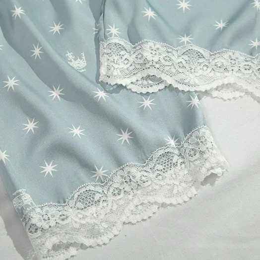 

Autumn Spring Women Lace Satin Pajamas Sets Dot Print Long Sleeves Shirts Pants Sleepwear Woman Silk Pyjamas Female