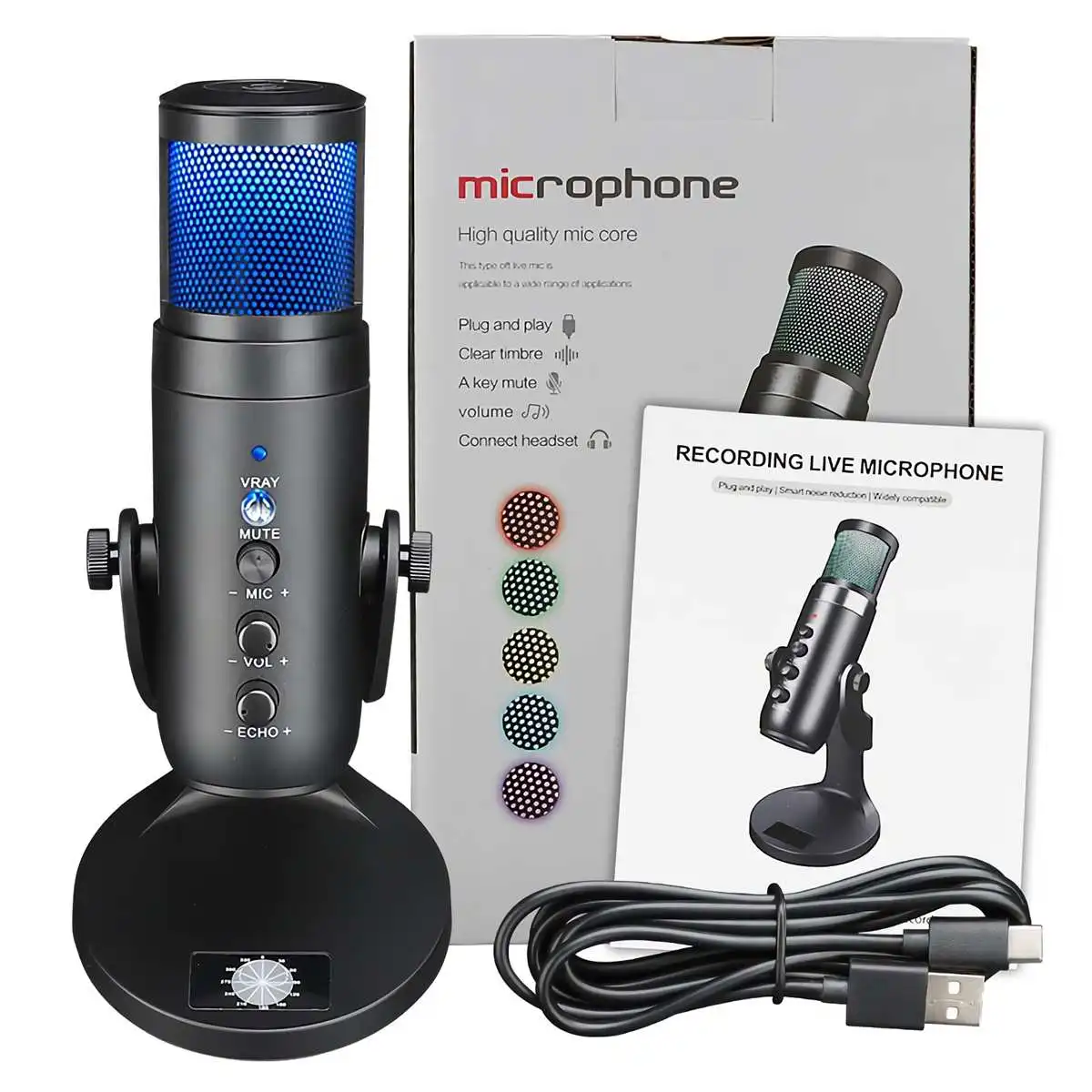 

D-950 USB Microphone Stand Gaming Live Streaming RGB Light Condenser Type-C Professional Mute for Recording PC Computer Chat