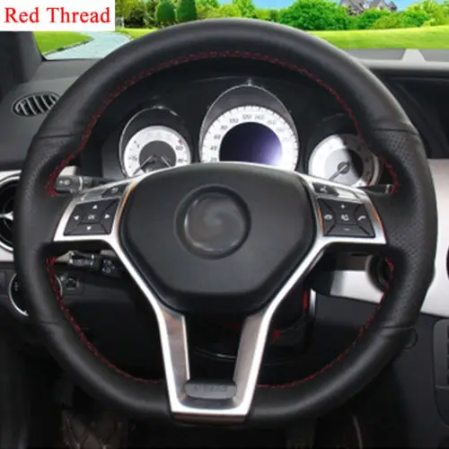 

For Benz AMG C63 High Quality Hand-stitched Anti-Slip Black Leather Red Thread DIY Steering Wheel Cover