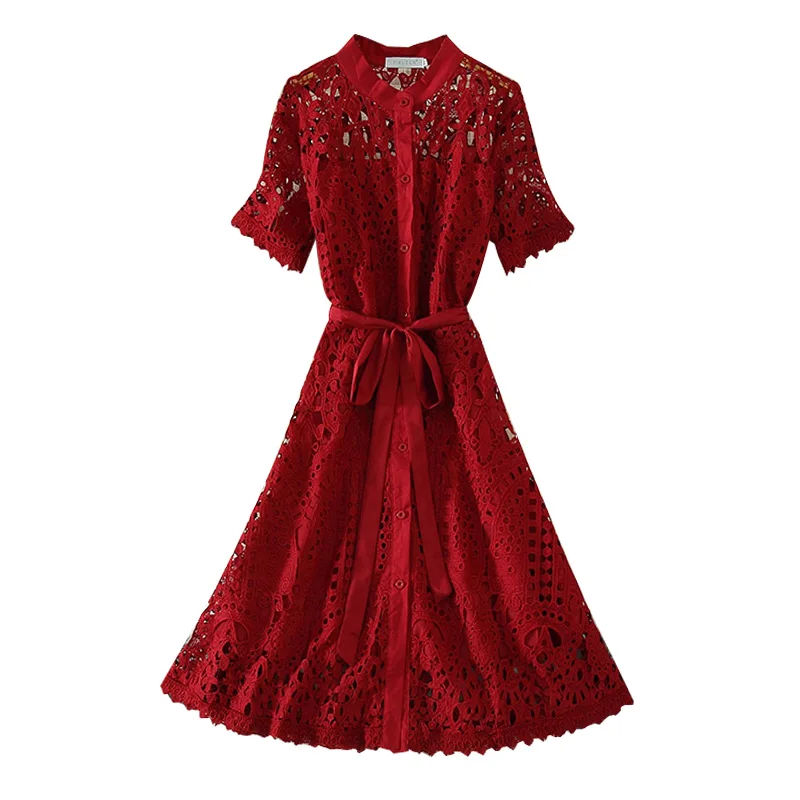 

Smlinan Summer Women Hollow Out Lace Short Sleeve Dress Korean Fashion Button Strappy Dress Female Elegant Vintage Long Dresses