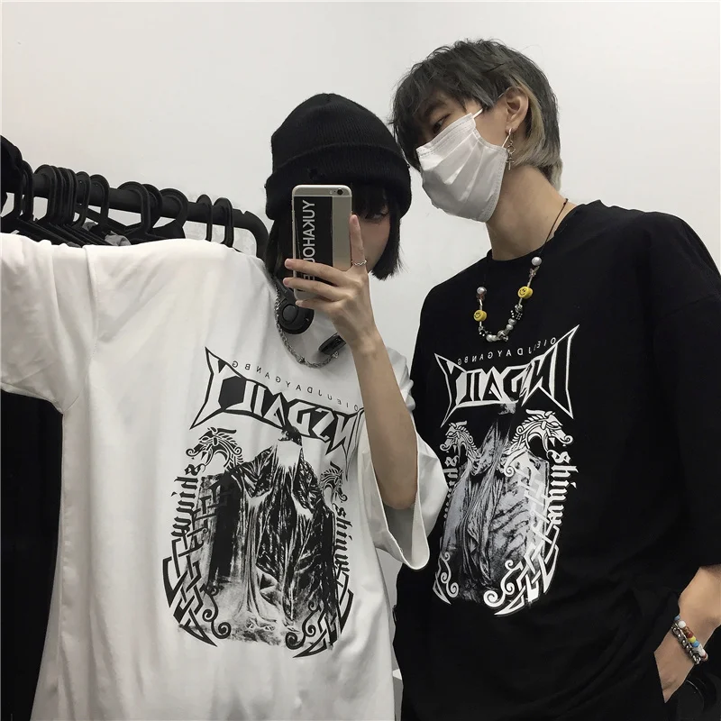 

Harajuku Summer Dark Cartoon Print Loose Cotton Women T-Shirt Short Sleeve Oversize Top Streetwear Hip Hop Black Vintage Clothes
