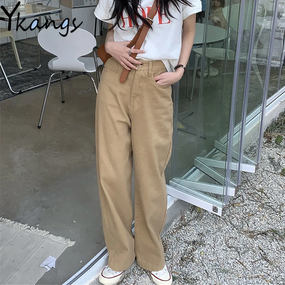 

Джинсы женские прямые, цвета хаки, на молнии, с высокой талией и широкими штанинами, в уличном стиле, в стиле Харадзюку, свободные, винтажные, ...