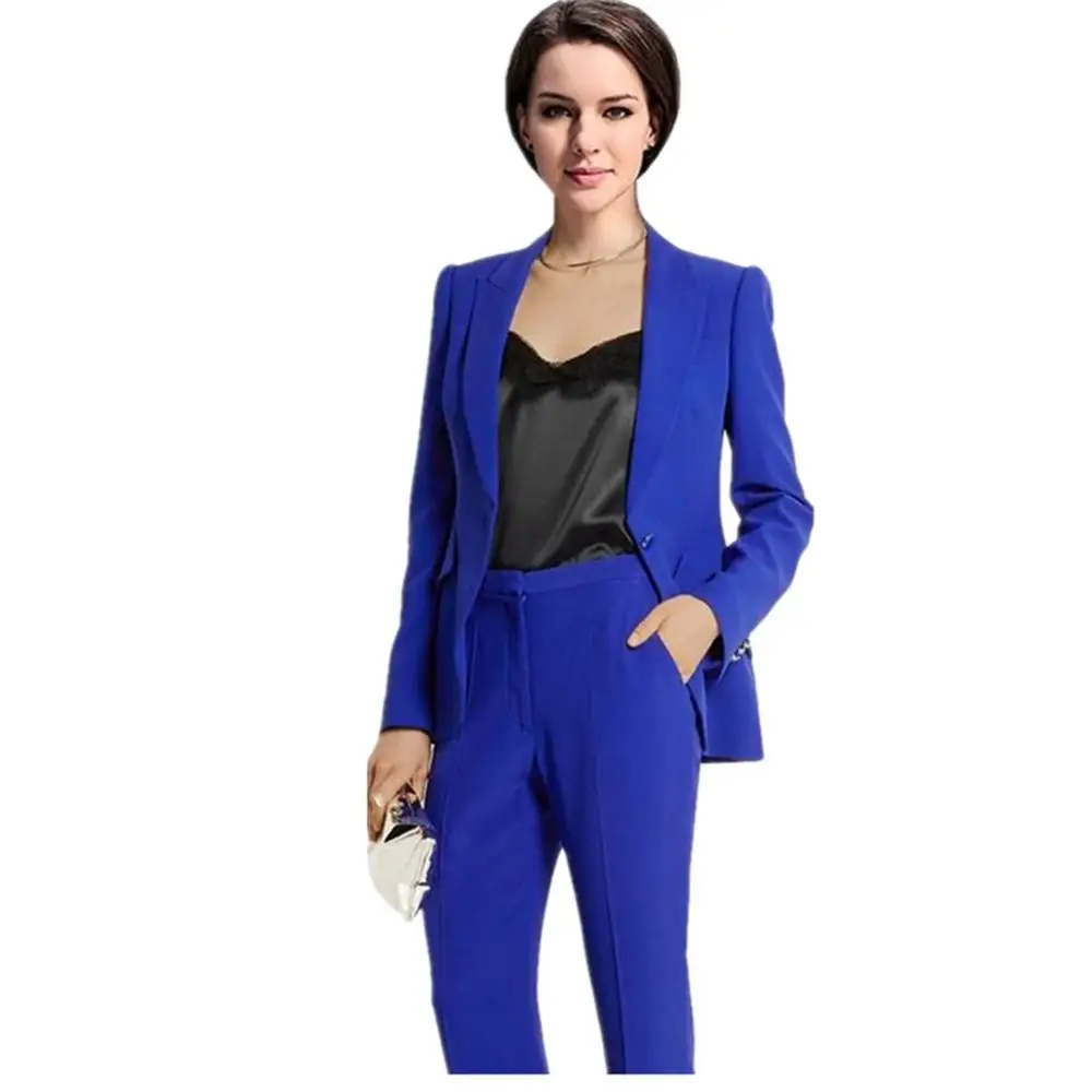 Королевский синий 2 шт женский брючный костюм куртка + брюки женские деловые