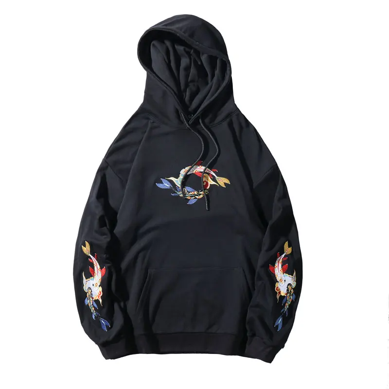 Black GONTHWID Embroideried Fish koi Карп пуловер толстовки с капюшоном, худи Harajuku уличная мужская хип хоп Повседневная модная Толстовка Топы мужские - Цвет: Black