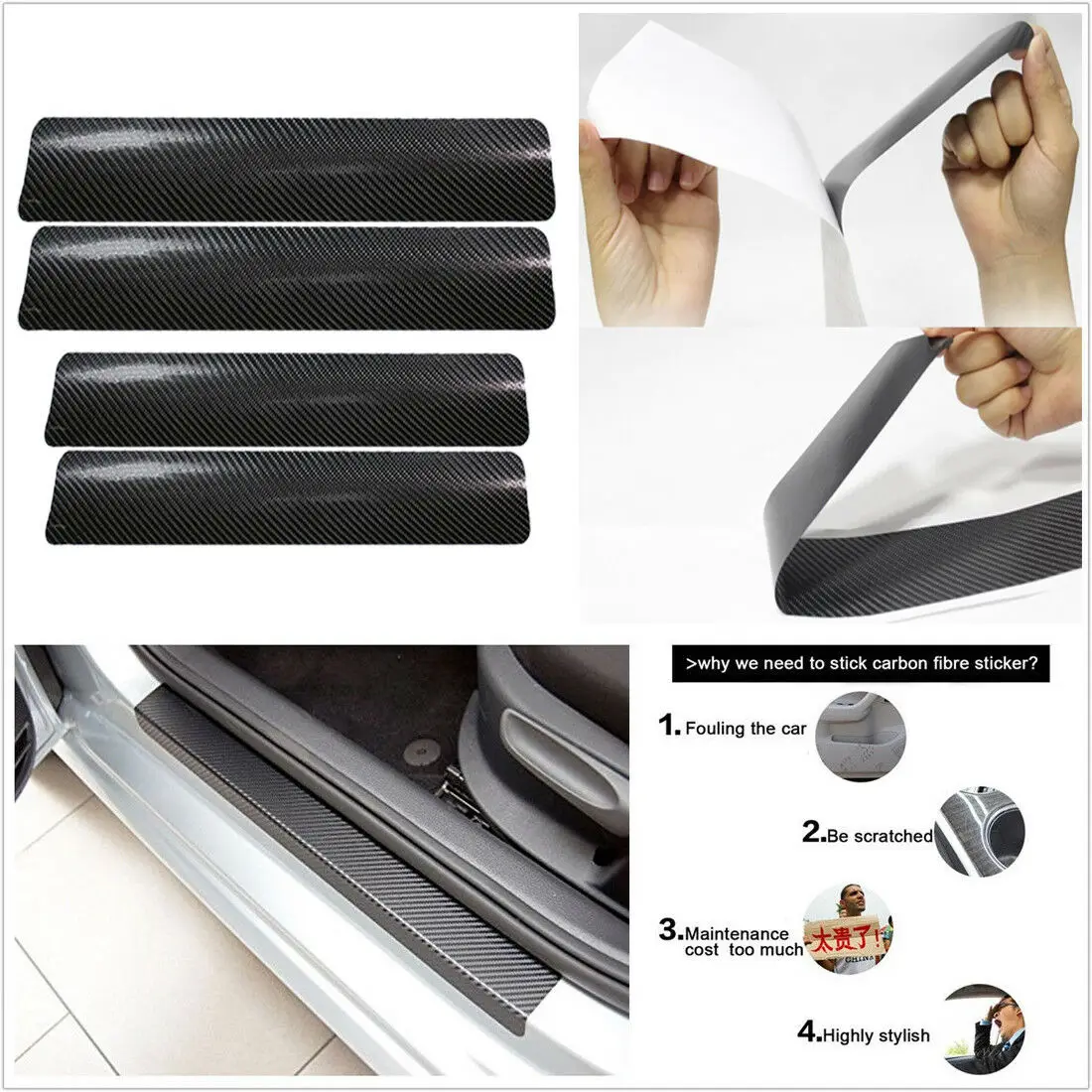 4pcs Car Accessories Door Sill Scuff Welcome Pedal Protect Carbon Fiber Sticker Black/Red/White/Silver Universal | Автомобили и